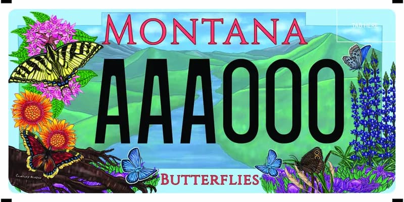 A license plate with black and red text. Multi colored illustration of five different montana butterflies. Colors are blue, green, purple, red, orange, yellow, pink. Bottom says Butterflies.