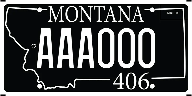 A black license plate with white text. White outline of state. Bottom says 406.
