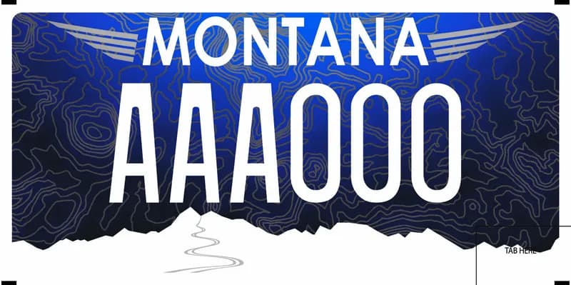 A gradient blue license plate with white text. Sky is designed with topography lines and bottom of plate is a white mountain cut out.