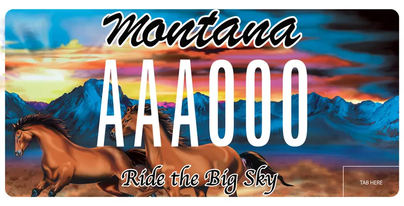 A license plate with black and white text. Colorful illustration of two horses running along mountain foothills. Multi colored sky. Bottom says Ride the Big Sky.