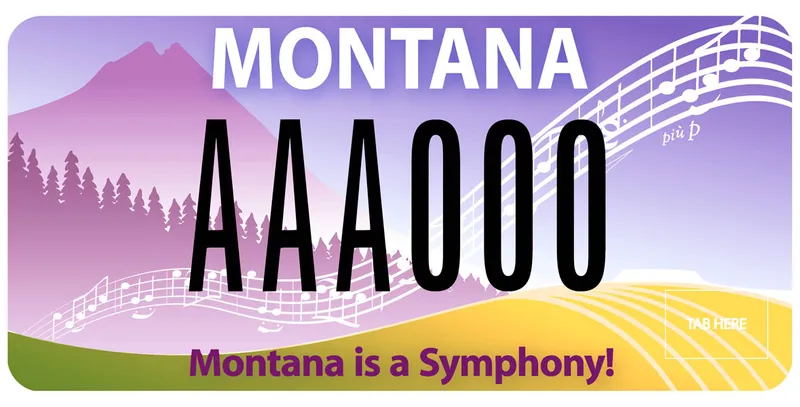 A license plate with white, black, and purple text. Illustration of purple mountains and pine trees and rolling wheat with musical notes. Bottom says Montana is a Symphony.