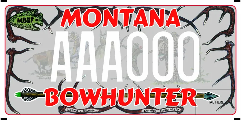 A license plate framed with antlers with white and red text. Various handrawn bowhunters in background. Bottom say Bowhunter and Montana Bowhunter Education Foundation LTD.