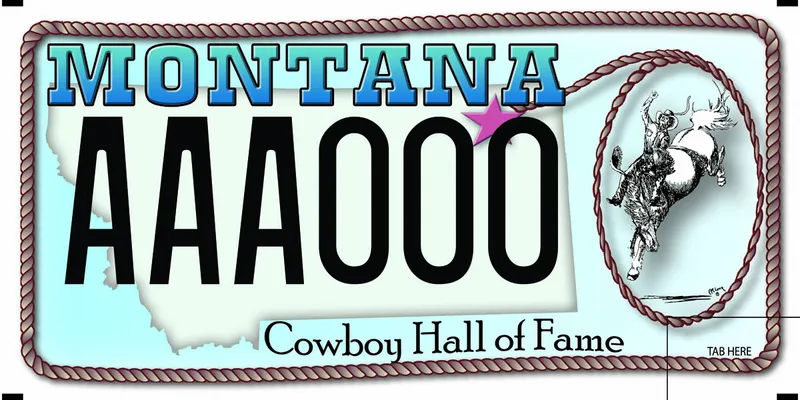 A license plate with rope border and black and blue text . Outline of state with a bucking bronc with lasso on right. Bottom says Cowboy Hall of Fame.