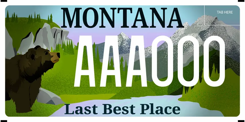 A license plate with white and forest green text. Illustration of grizzly bear looking toward mountains near a body of water. Bottom says Last Best Place.