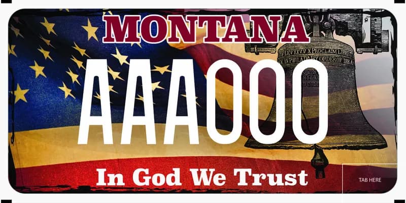 A license plate with white and red text. American flag and Liberty Bell. Bottom says In God We Trust.