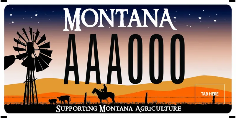 A license plate with black and white text. Illustrated scene of ranch, cowboy, fence, windmill, and two calves. Bottom says Supporting Montana Agriculture.