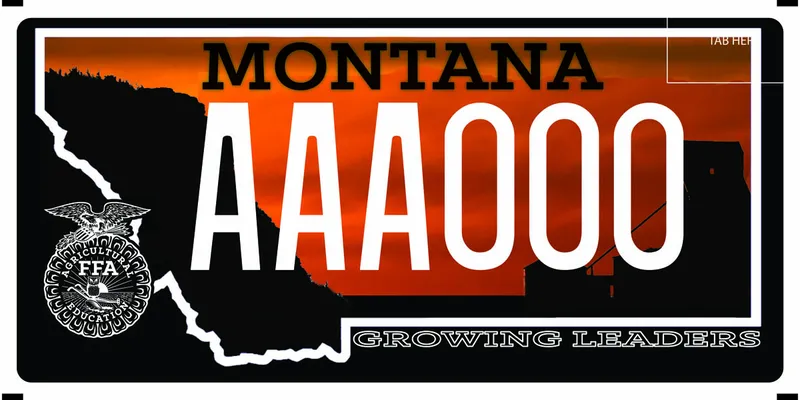 A black license plate with black and white text. White outline of state with silhouette of grain silos. Agricultural FFA Education logo in lower left corner. Bottom says Growing Leaders.