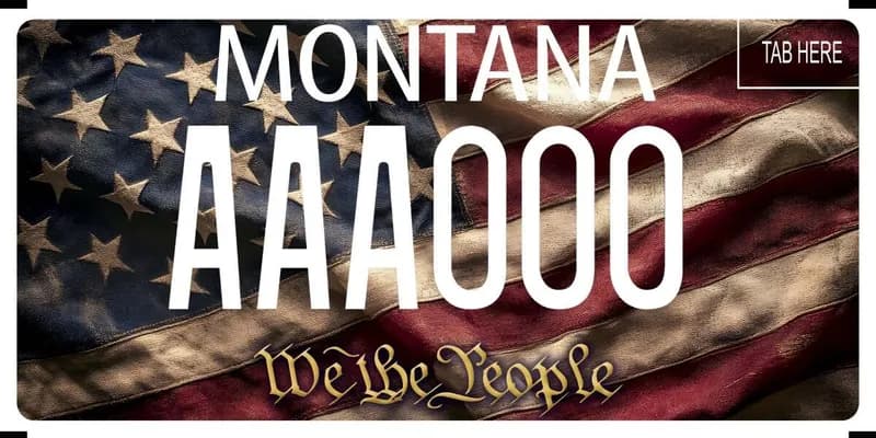A license plate with photography of American flag as background and white text. Bottom says We The People in gold calligraphy.