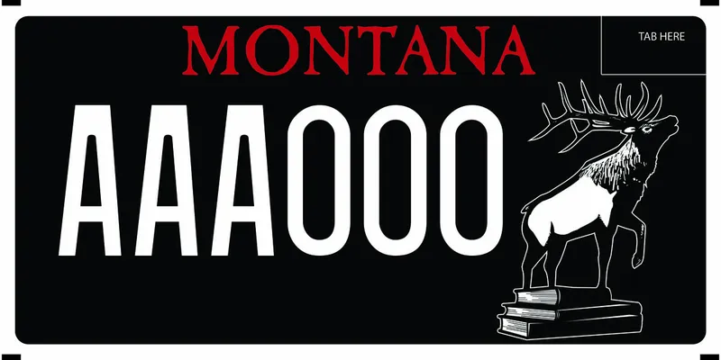 A black license plate with white and red text. An elk standing on a pile of books on left side.