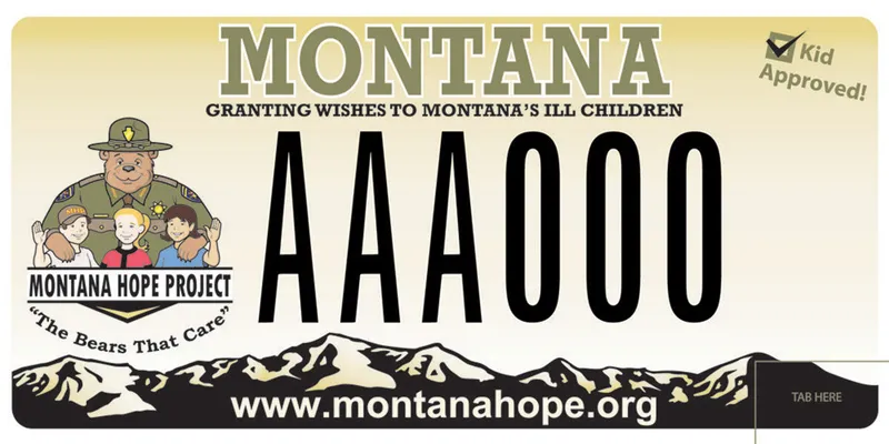 A beige license plate with black text. Left has a cartoon bear as a sheriff with arms around three children and says Montana Hope Project and The Bears That Care. The top says Granting Wishes to Montana's Ill Children. Kid Approved with a check box in upper right corner. Bottom is a black mountain ranges and says montana hope dot org.