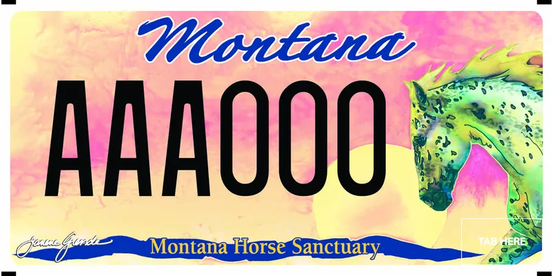 A license plate with black, purple, and yellow text. A spotted horse on right side with bright sun. Bottom says Montana Horse Sanctuary.