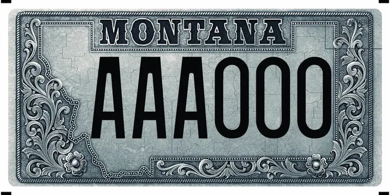 A silver gray license plate with black text with western style stamp work as a border around the state.
