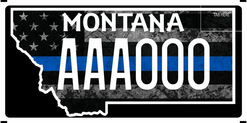 A black license plate with white text. White outline of state with distressed American flag with blue line filling it.
