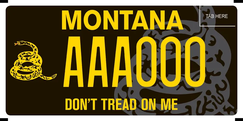 A black license plate with yellow lettering. A coiled rattlesnake on left side. Bottom says Don't Tread On Me.