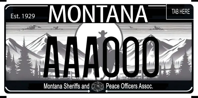 A black license plate with white and black text. A grayscale illustration of a cowboy on horse in a mountainous landscape with pine trees and fence. A large sun is in middle, between two peaks. Top text says Est. 1929. Bottom text says Montana Sheriffs and Peace Officer Assoc.