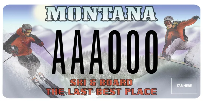 A license plate with white, black, and red text. Ilustrated scene of a downhill skier on left and snowboarder on right. Trees in middle. Bottom says Ski & Board The Last Best Place.