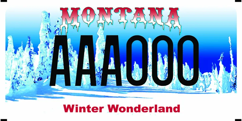 A license plate with red and black text. A snowy landscape of snow covered pines and blue sky. Bottom says Winter Wonderland.