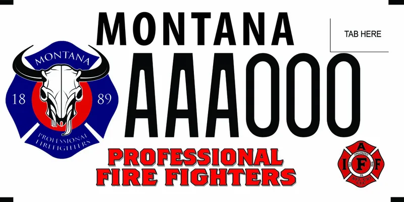 A white license plate with black and red text. Montana Professional Firefighters logo on left and AFL CIO CLC IAF logo lower right bottom. Bottom says Professional Fire Fighters.
