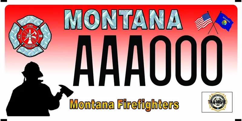 A license plate with silver, black, and yellow text. A gradient red background. Fire Rescue logo in upper left corner and American and Montana flag in upper right corner. Montana State Fire Chief's Association logo in bottom right corner. Bottom says Montana Firefighters.