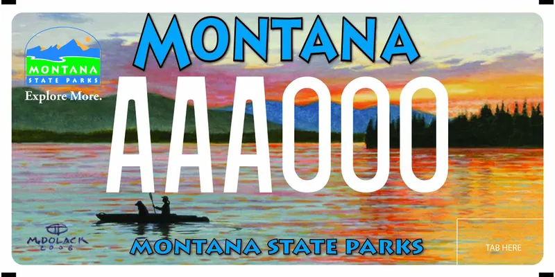 A license plate with blue and white text. M. Dolack painted scene of person canoeing with their dog on a lake. Montana State Parks Explore More logo in upper left corner. Bottom says Montana State Parks.