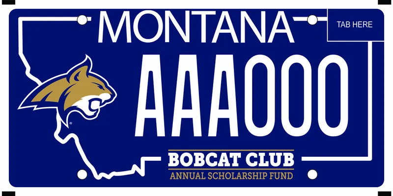 A blue license plate with white text and white outline of state. Bobcat icon to left. Bottom says Bobcat Club Annual Scholarship Fund.