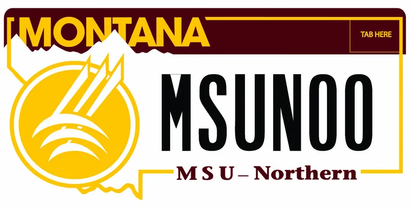 A white license plate with yellow, black, and burgandy text. Yellow outline of state. Bottom says MSU Northern and offical logo on left.