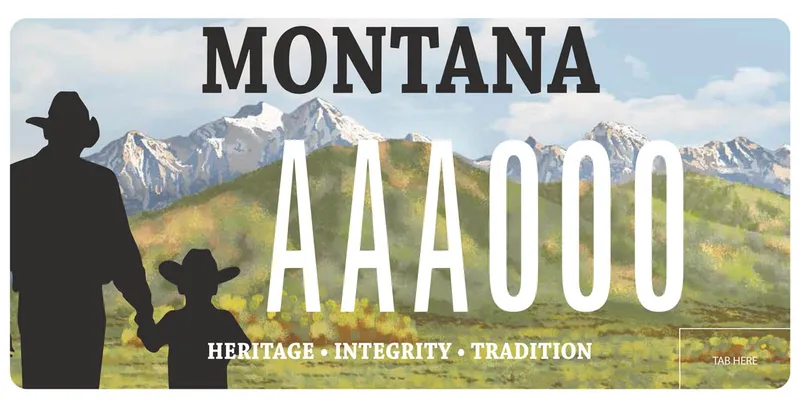 A license plate with white and black text. Illustrated scene of grassy and snow covered mountains with a silhouette of cowboy man and child. Bottom says Heritage, Integrity, Tradition.