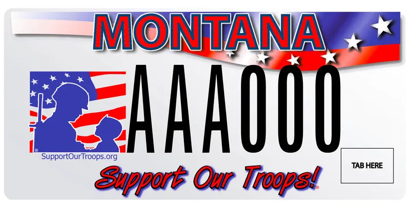 A white license plate with red and black text. A blue and red banner at top. Support Our Troops dot org logo on left. Bottom says Support Our Troops.