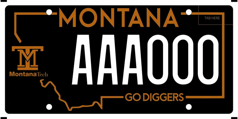 A black license plate with white and rust text. Montana Tech logo on left side. Bottom says Go Diggers.