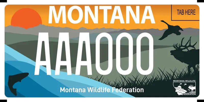 A license plate with an illustration of a wild landscape scene. Skyline is orange with a red, orange sun in upper left corner. Gray mountains and olive green plains. Lower right corner is blue to represent water with a black shape of a trout. Right side is black shape of a Canadian goose and a bull elk among grassland. All text is white. Bottom says Montana Wildlife Federation and logo is in lower right corner in white.