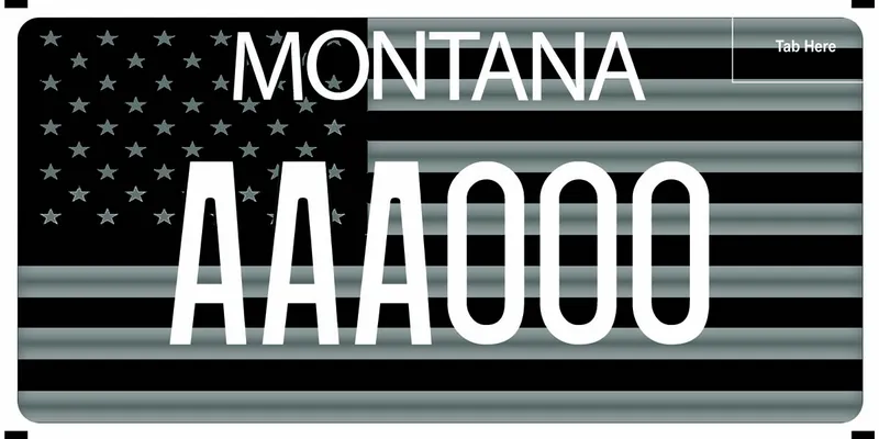 A license plate with white text and grayscale American flag as background.