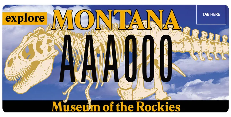 A license plate with black and yellow text. A blue cloudy sky background and t-rex skeleton across plate. Top left corner says Explore and bottom says Museum of the Rockies.