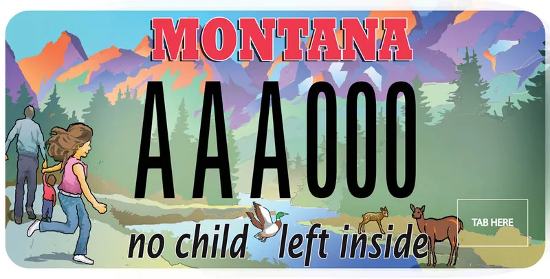 A license plate with black and red text. An illustrated scene of a man holding a child's hand, walking down a path and a girl running towards a duck and deer along the water. Bottom says no child left inside.
