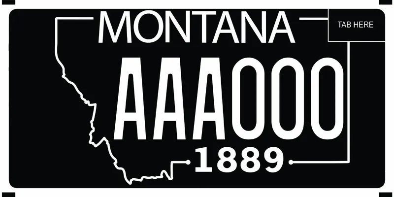 A black license plate with a white outline of the state and white text. Text at bottom of plate 1889.