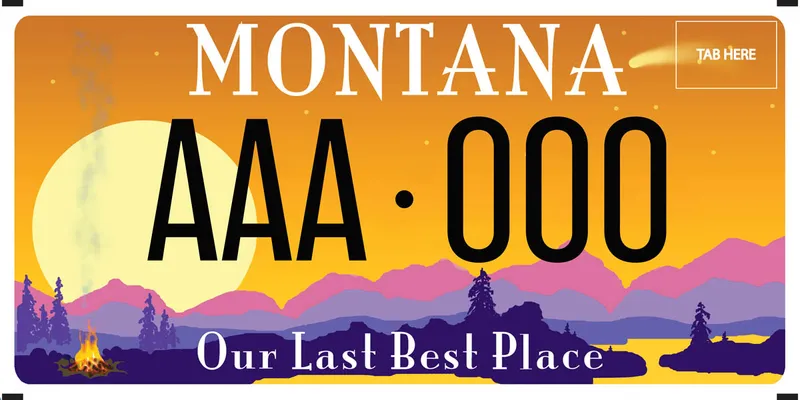 A license plate illustrated with a nature scene of mountains, lake, campfire, trees, sun. Colors are orange, pink, purple, yellow. Bottom says Our Last Best Place.