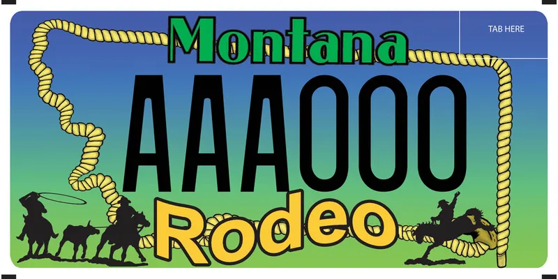 A blue and green license plate with black, green, and yellow text. Outline of state in rope texture. Silhouettes of cowboys roping a steer and bunking bronco.