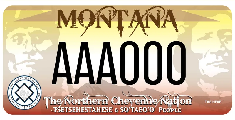 A beige and rust license plate with transparent Cheyenne warriors in background. Text is brown, white, and black. The Great Seal of the Northern Cheyenne Tribe is in lower left corner. Bottom says The Northern Cheyenne Nation and Tsetsehestahese & So'taeo'o People.