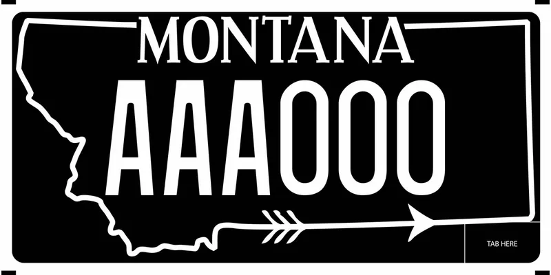 A black license plate with white text. White outline of state with arrow on bottom.