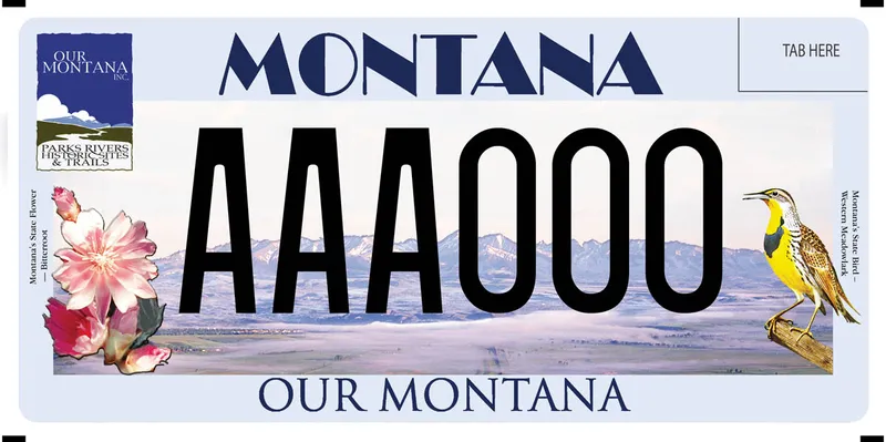 A light blue license plate with a mountain range, bitterroot flower, and meadowlark. Our Montana Inc, Parks Rivers Historic Sites & Trails logo in upper left corner. Bottom says Our Montana.