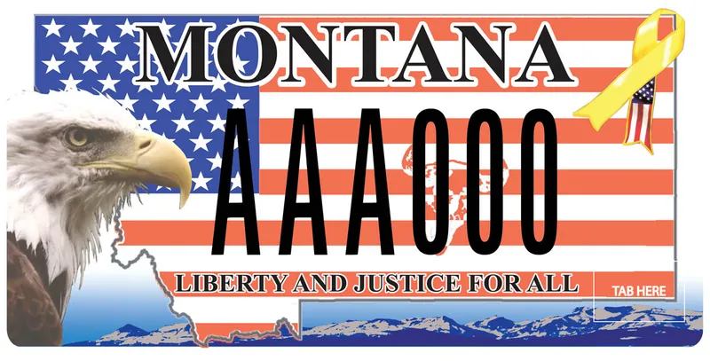 A license plate with state outline as American flag. Mountains on bottom and eagle photo on left side. Yellow ribbon in upper right corner. Bottom says Liberty and Justice for All.