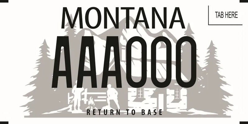 A white license plate with black text. A graphic in grayscale depicting two people around a fire in front of a cabin with pine trees. Bottom says Return to Base.