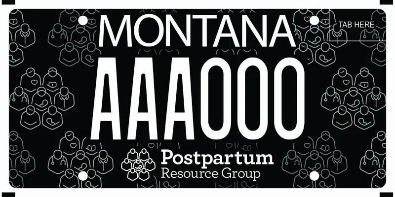 A black license plate with white text. Icons of people holding babies in background. Bottom says Postpartum Resource Group.