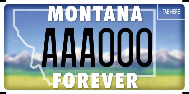 A license plate with blurred background of mountains and blue sky. Foothills of mountains turn to wheat fields. Bottom says Forever.