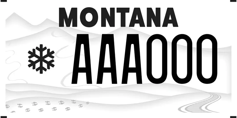 A white license plate with black text. A black snowflake icon on left. Deer tracks and a trail at bottom.