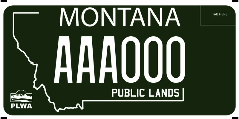 A black license plate with white text and white outline of state. PLWA logo in bottom left corner. Bottom says Public Lands.