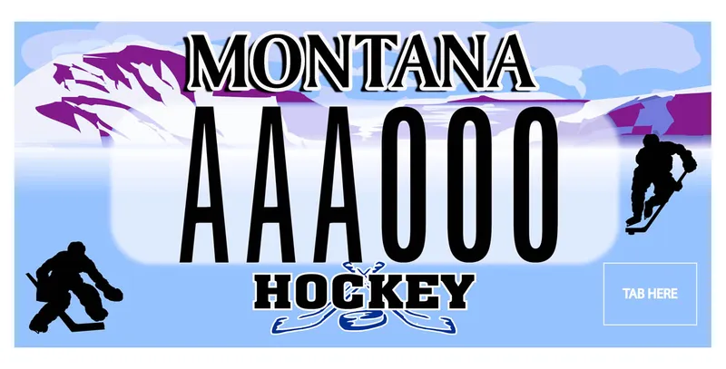 An ice blue license plate with illustrated purple mountains in background. Two silhouettes of ice hockey players. Bottom says Hockey.
