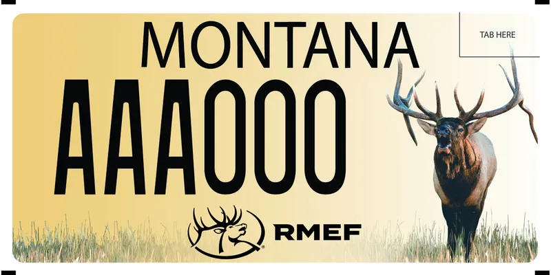A beige license plate with black text. A photo of a bugling elk on right side. Bottom has RMEF logo.