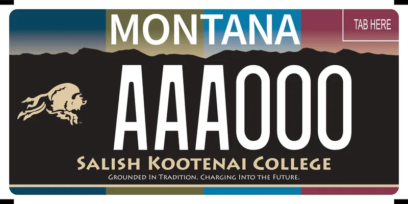 A license plate with white and beige text and black mountains as background. Skyline is blue, beige, and maroon. A beige buffalo logo is on right. Bottom says Salish Kootenai College, Grounded in Tradition, Charging into the Future.