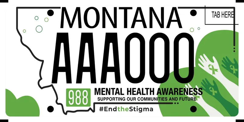A white license plate with black text and a black outline of the state. Green hearts and hands with ribbons in lower corners. Bottom says Mental Health Awareness; Supporting Our Communities and Future; End the Stigma.