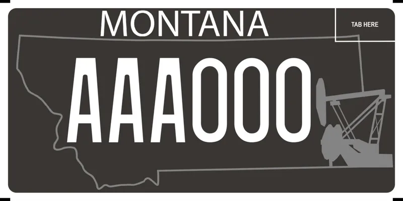 A black license plate with white text. An outline of the state in grayscale. A oil rig graphic on right side.